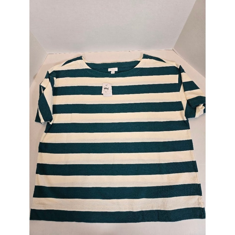 NWT J Jill Green Striped T-Shirt Button Sleeve Detail Casual‎ Top Women's 2X